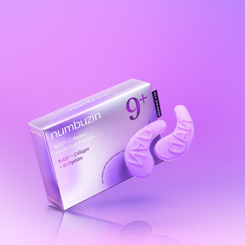 Numbuzin No.9 NAD+ Collagen Under Eye Patches, lila, neben der Verpackung.