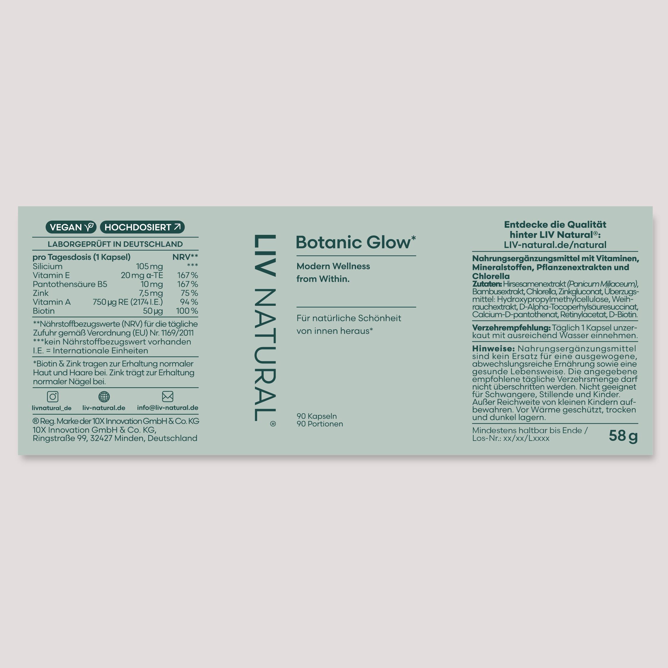Produktverpackung mit Aufschrift: LIV NATURAL Botanic Glow. Inhaltsstoffe, Nährwertangaben, vegan, hochdosiert.