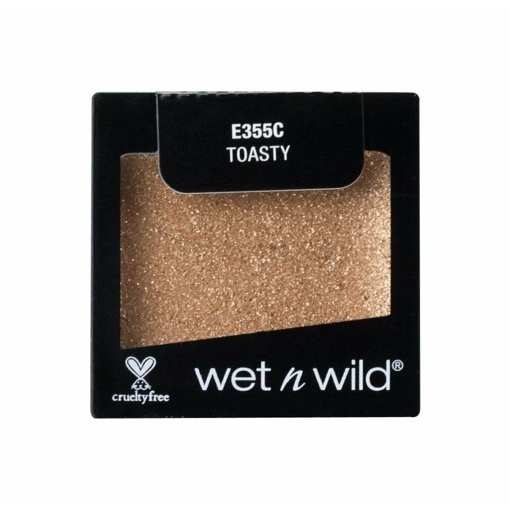 Schwarzer Behälter mit goldfarbenem Lidschatten. Oben steht "E355C TOASTY". Unten "wet n wild" und Cruelty-Free Logo.