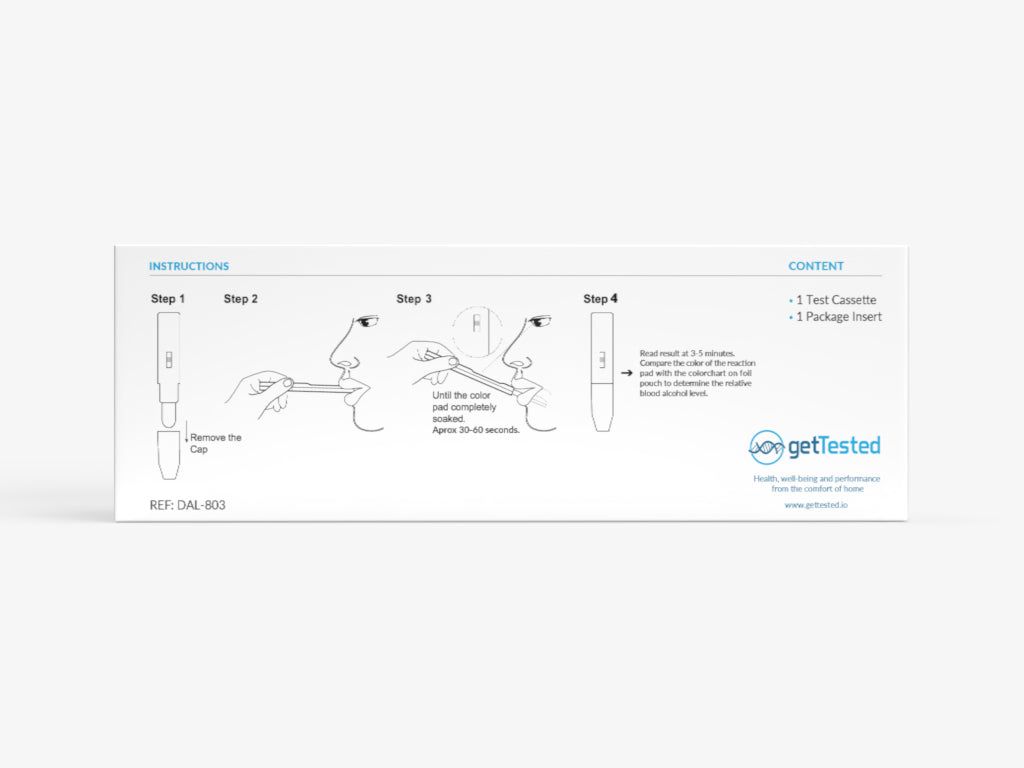Verpackung mit Produktabbildung und Anweisungen. Enthält Testkassette und Packungsbeilage. Aufschrift: getTested.