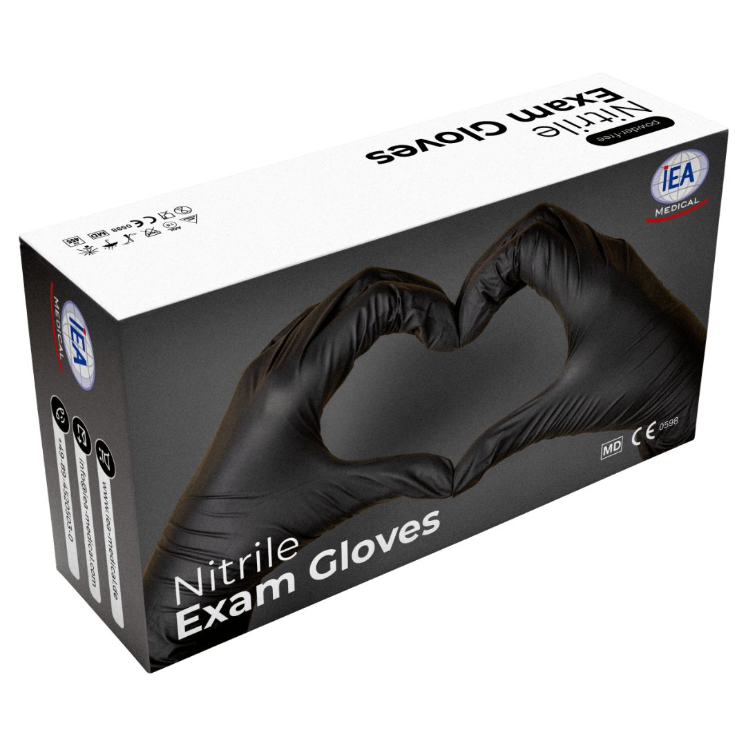 Schwarze Nitril-Handschuhe in Verpackung. IEA MEDICAL Logo. Aufdruck: Nitrile Exam Gloves.