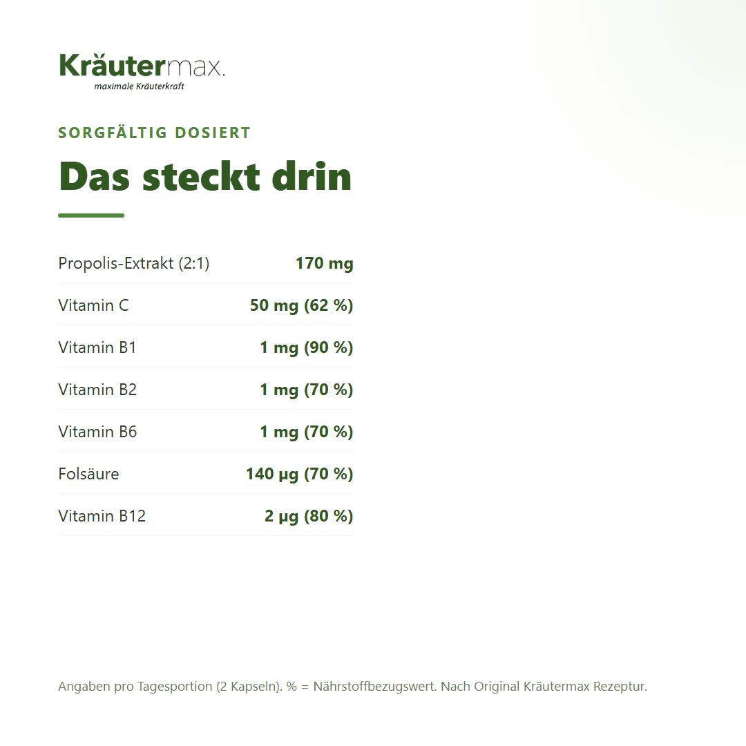 Übersicht der Inhaltsstoffe von Kräutermax Propolis Extrakt plus Vitamine: Propolis-Extrakt, Vitamin C, B1, B2, B6, Folsäure, B12.