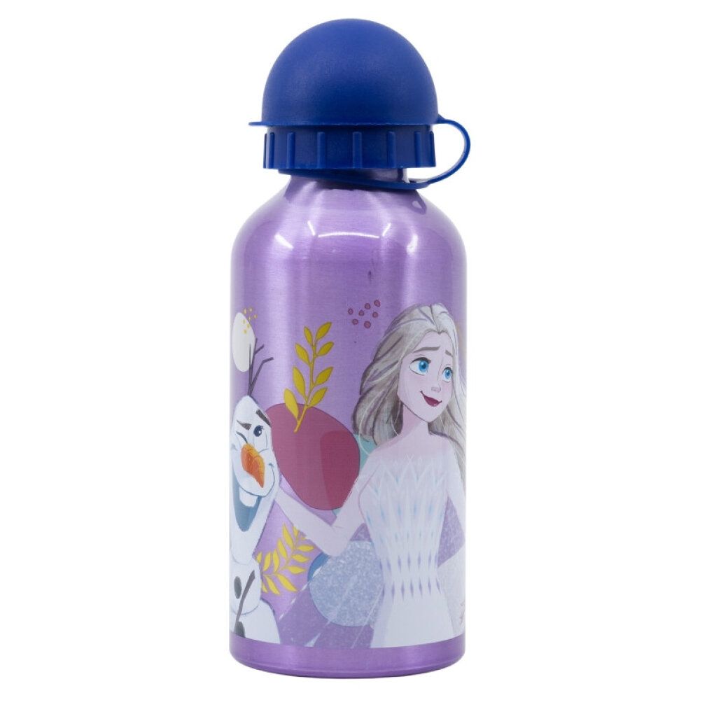Violette Aluminiumflasche mit blauem Deckel. Aufdruck mit Elsa und Olaf aus dem Film Frozen. Flasche mit Schraubverschluss.