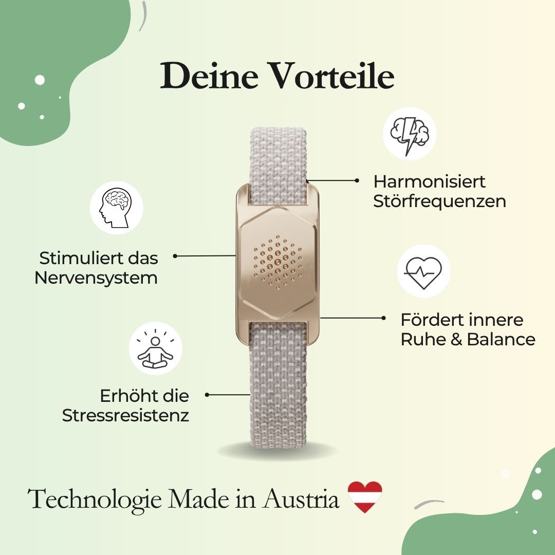 Grafik mit Armband und Icons. Text: Stimuliert Nervensystem, harmonisiert Störfrequenzen, fördert Ruhe, erhöht Stressresistenz. Made in Austria.