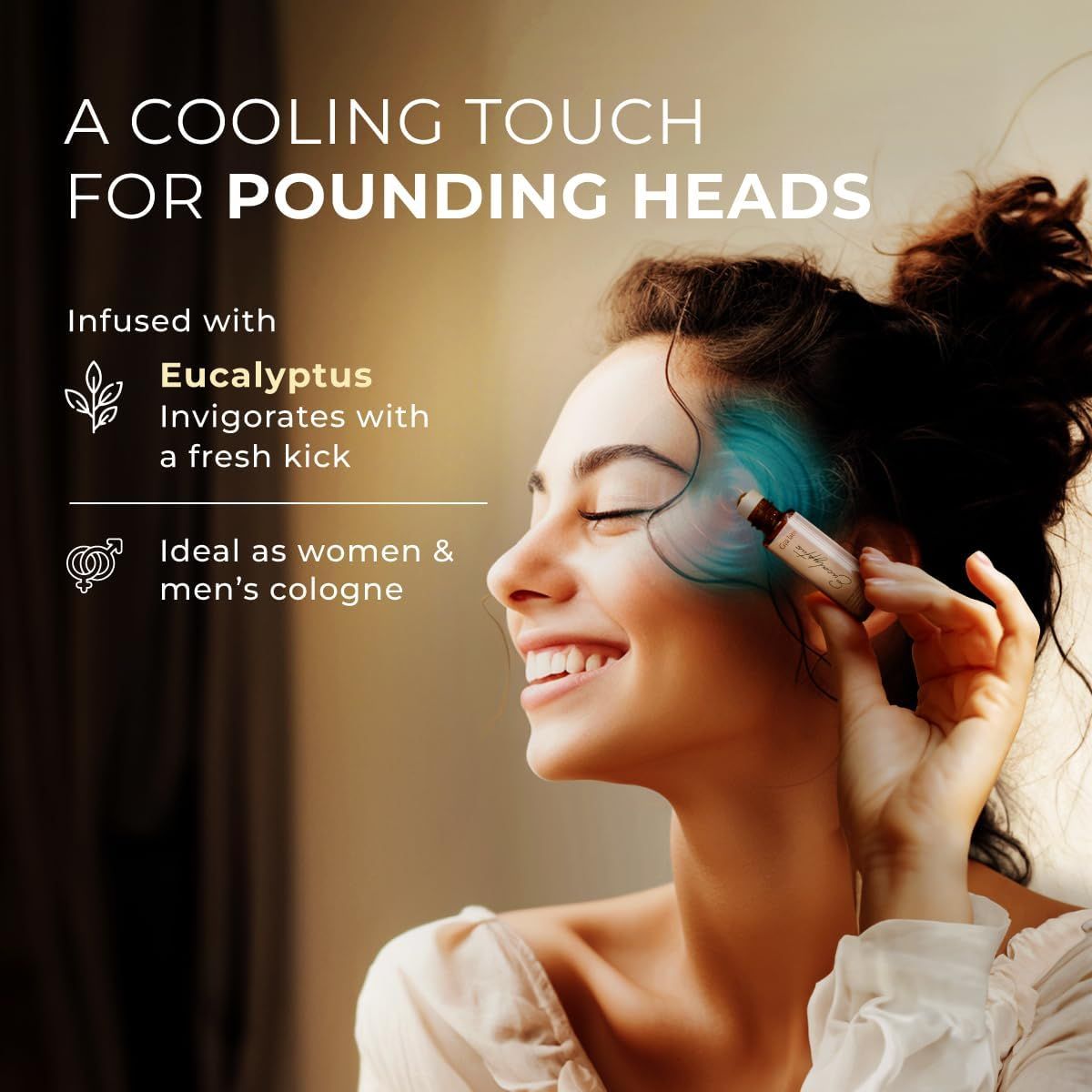 Frau mit Roll-on am Kopf. Text: "A Cooling Touch for Pounding Heads". Enthält Eukalyptus. Ideal als Damen- und Herren-Cologne.