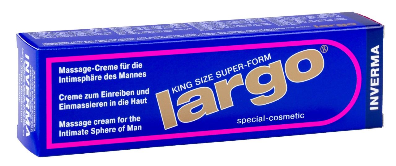 Blaue Schachtel mit rosa Umrandung. Aufschrift "Largo" und "Massage-Creme". Marke: Inverma.