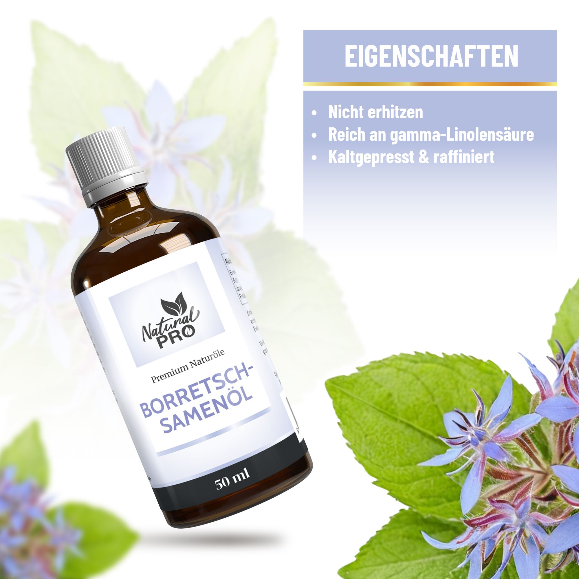 Produktflasche vor floralem Hintergrund. Aufschrift: Natural Pro, Borretschsamenöl, 50 ml. Eigenschaften werden aufgelistet.