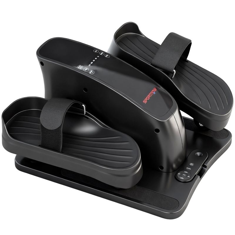 Schwarzer Mini-Ellipsentrainer. Zwei Fußpedale mit Riemen, zentrales Bedienfeld mit Tasten und LED-Anzeige. SPORTNOW-Logo.