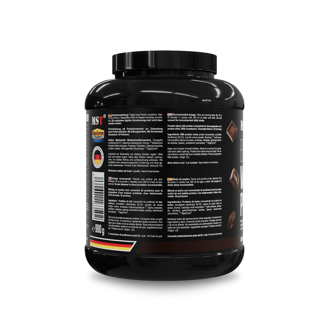Rückseite eines schwarzen MST Best Whey Protein Behälters mit Hinweisen und Schokoladenstück-Grafiken.