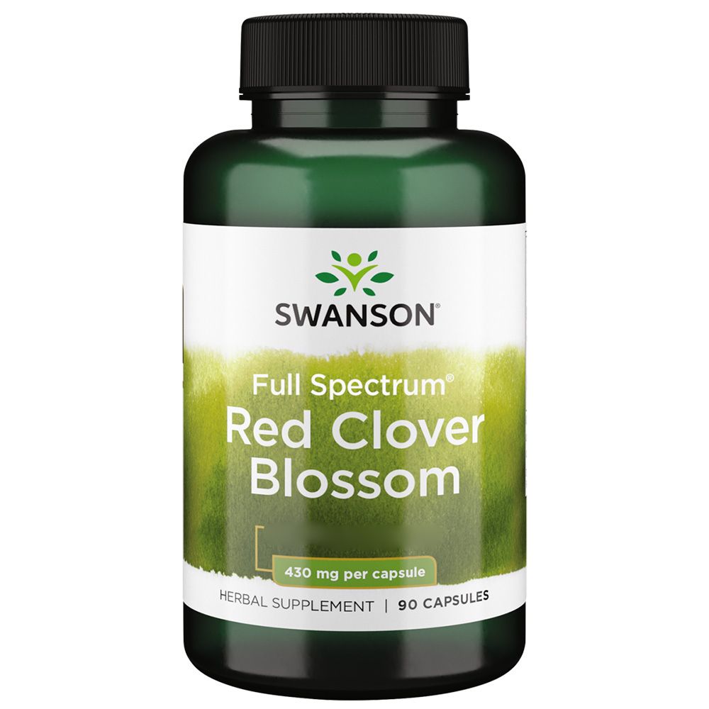 Grüne Flasche mit Kapseln. Aufschrift: SWANSON, Red Clover Blossom, 430 mg pro Kapsel, 90 Kapseln.