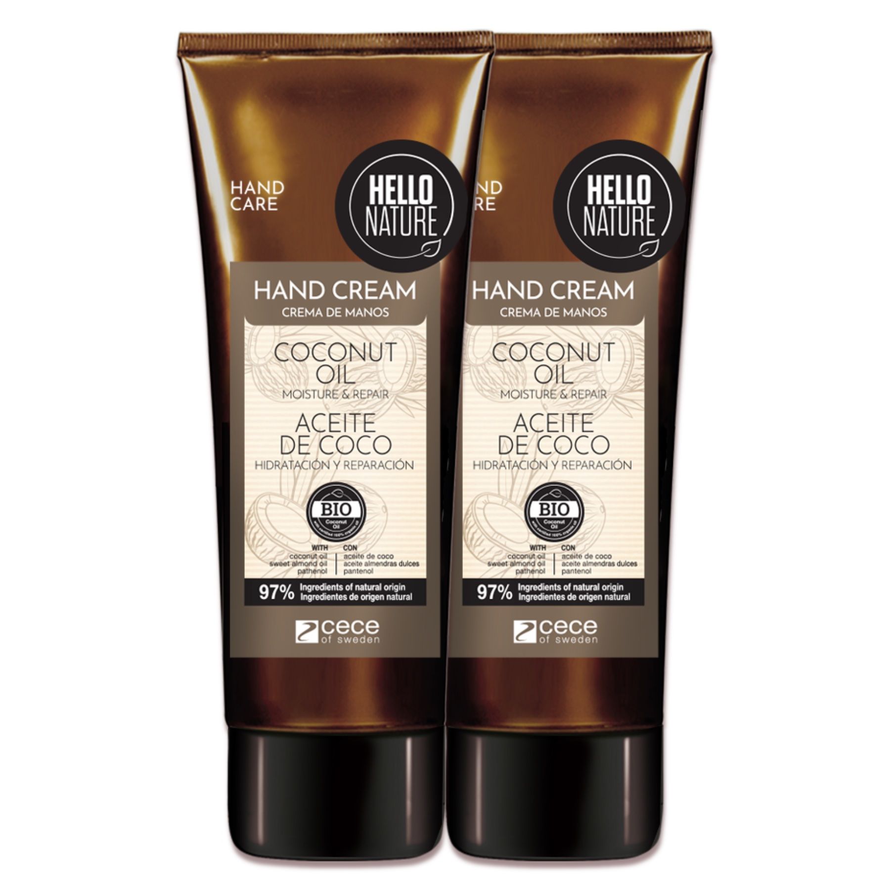 Zwei Handcreme-Tuben. Text: Hand Cream, Coconut Oil, Bio-Zertifizierung. 97% Inhaltsstoffe natürlichen Ursprungs.