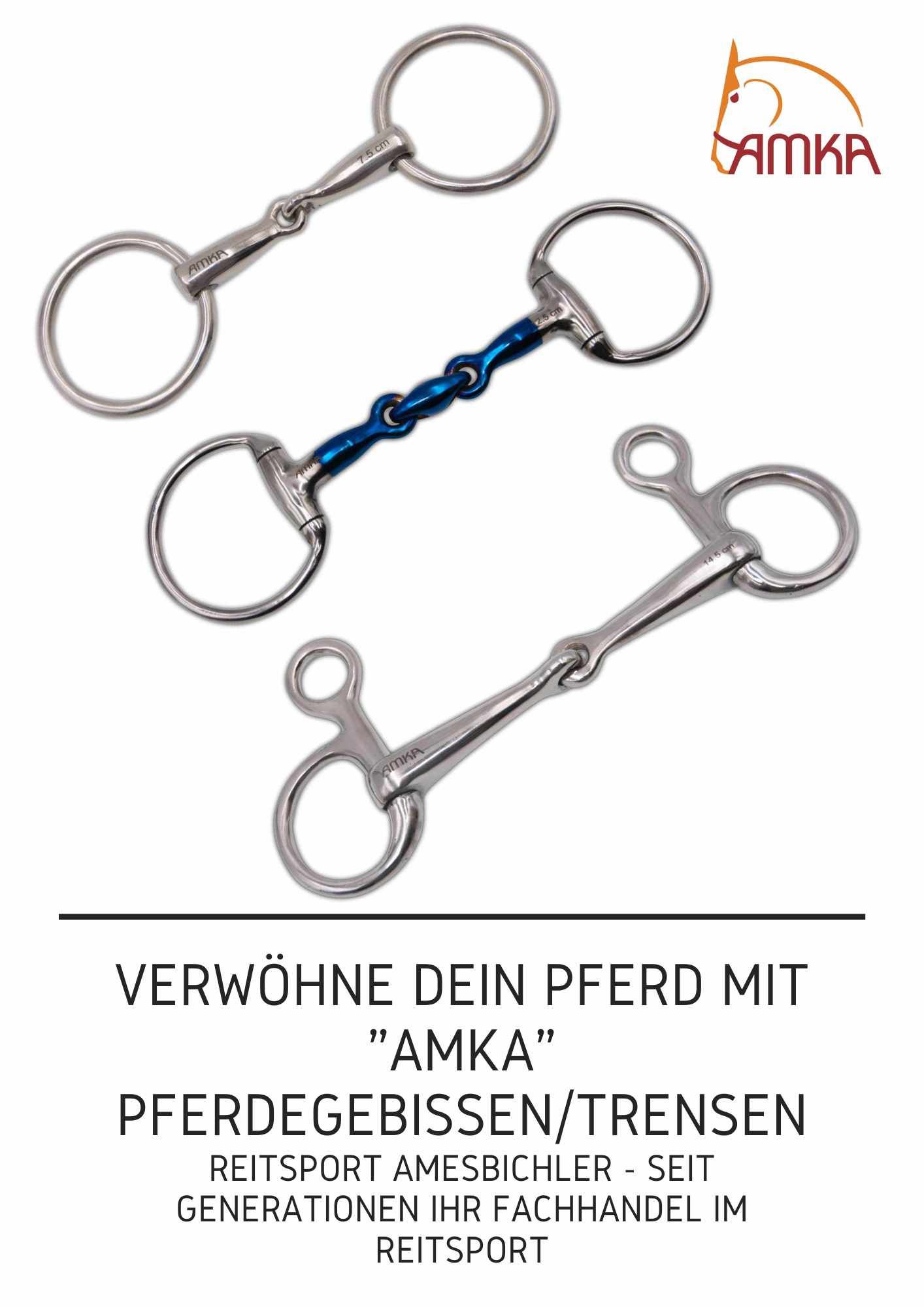 Drei verschiedene AMKA-Pferdegebisse. Text: Verwöhne dein Pferd mit AMKA Pferdegebissen/Trensen.
