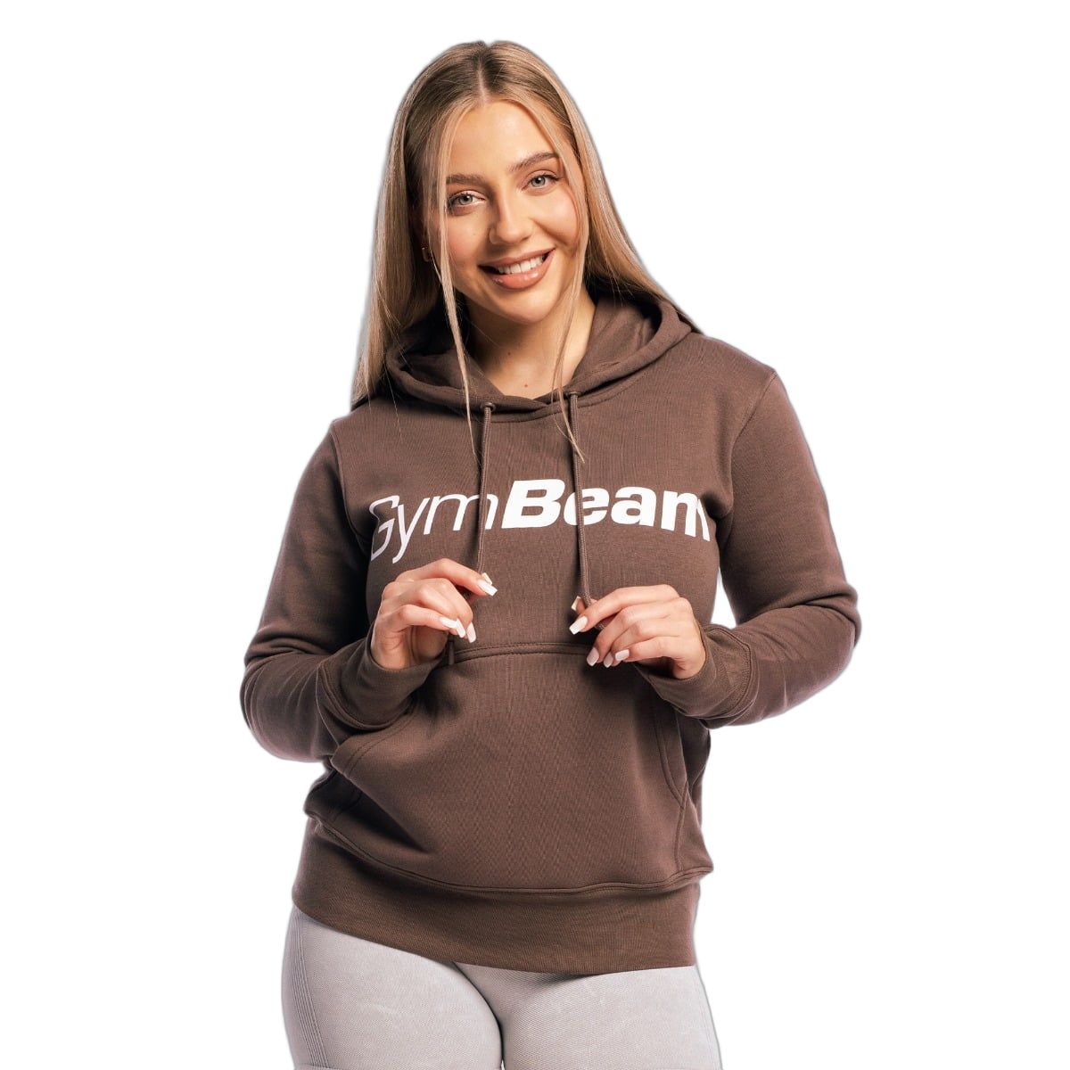 Damen Hoodie in Cocoa mit Kapuze und Kängurutasche. GymBeam Logo auf der Brust.