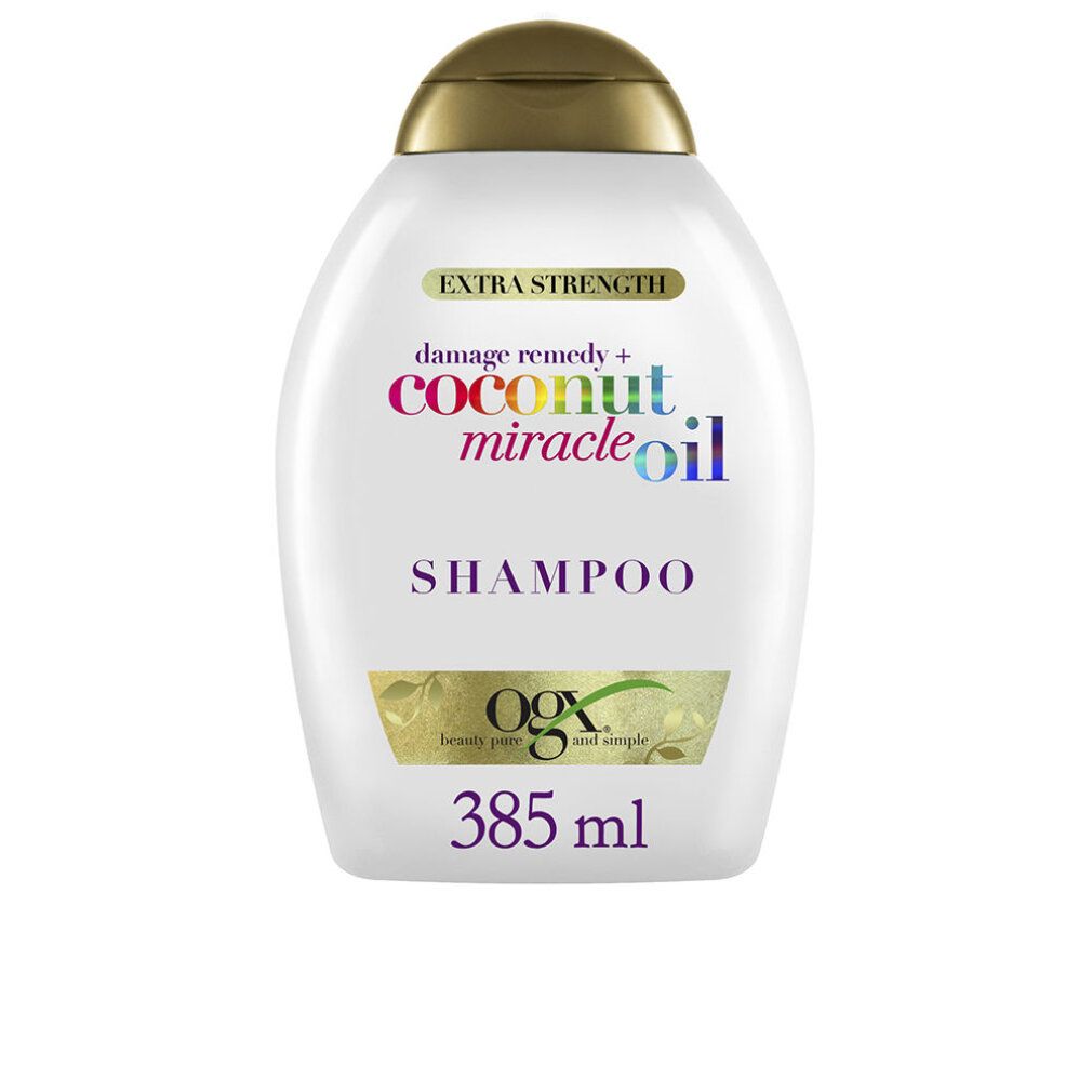Weiße Shampoo-Flasche mit goldfarbenem Deckel. Aufschrift: Coconut Miracle Oil, Shampoo, 385ml. Marke: OGX.
