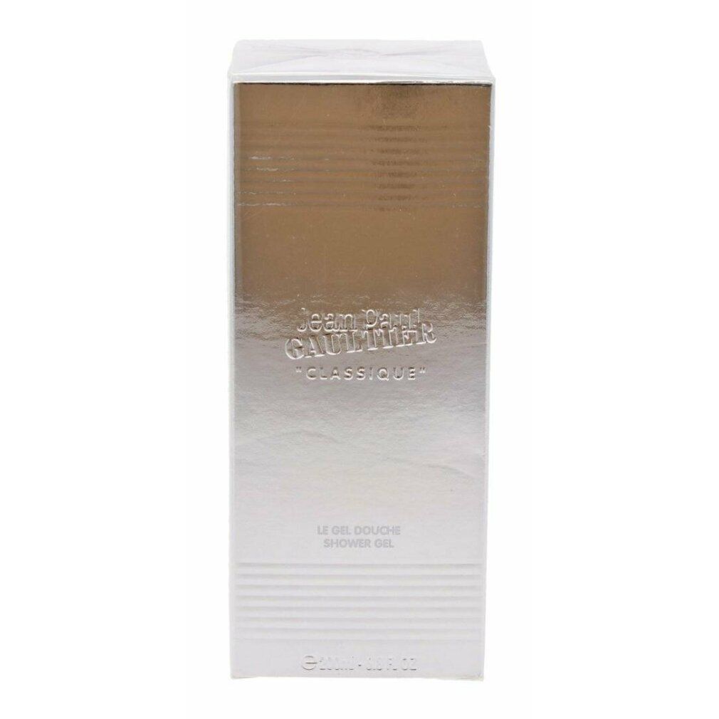 Jean Paul Gaultier Classique Le Gel, silberne Verpackung mit Text. Vertikale Ansicht.