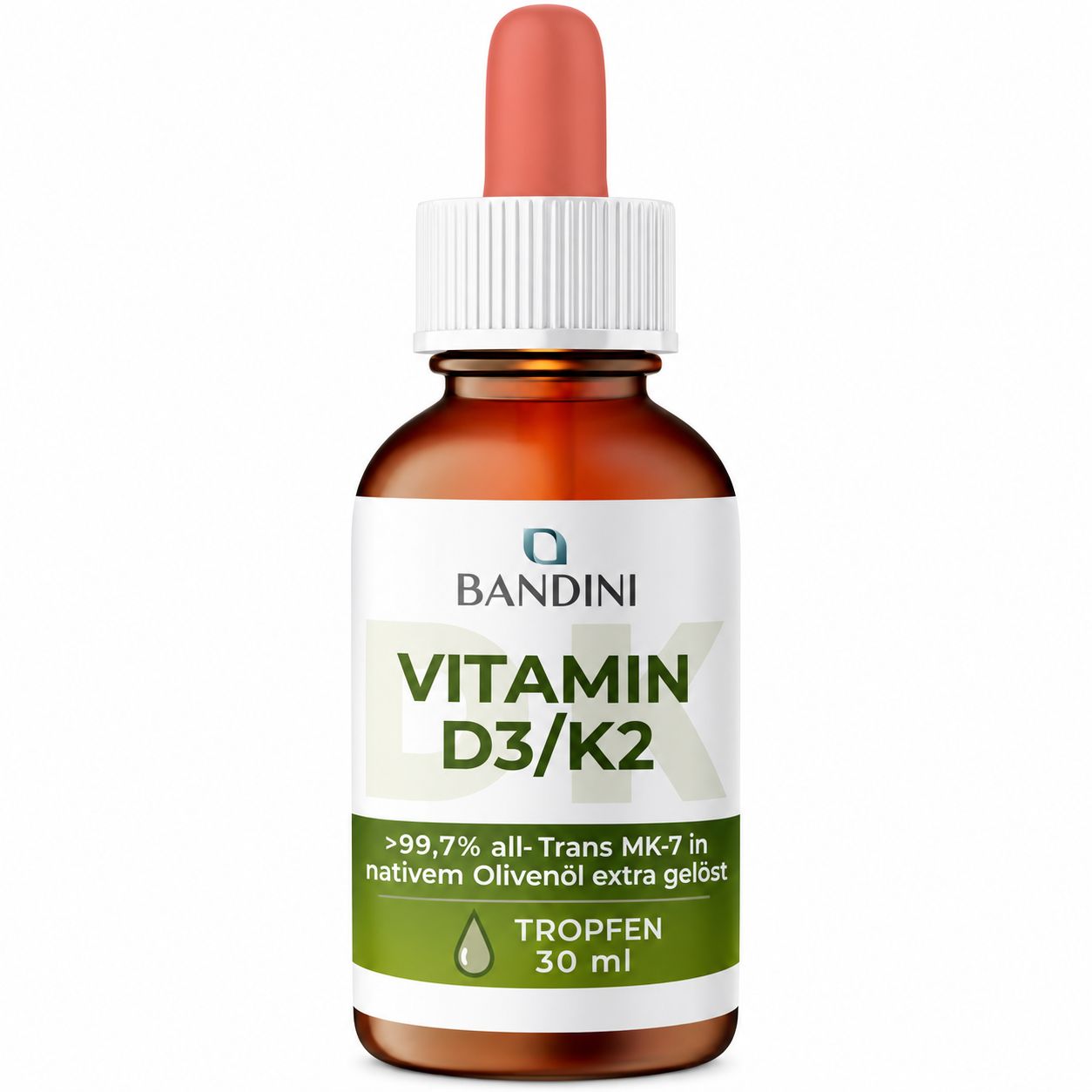 Braune Tropfflasche mit Pipette, Bandini Vitamin D3/K2, 30 ml.