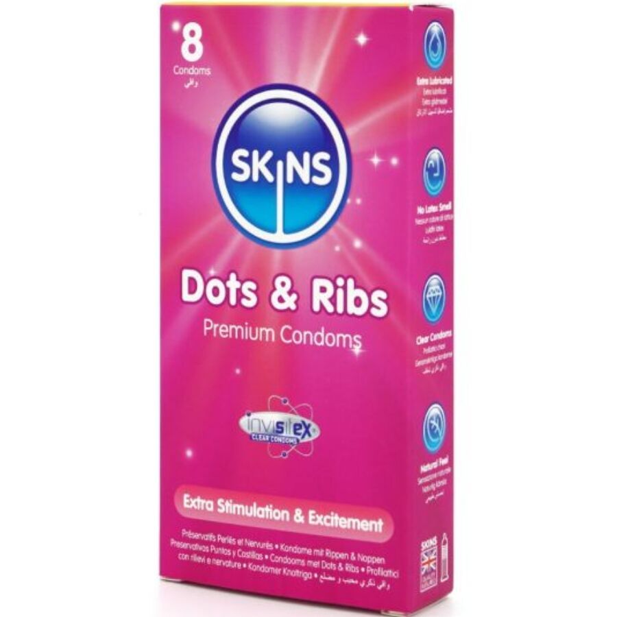 Rosa Verpackung mit SKINS Dots & Ribs Kondomen. Enthält 8 Kondome. Text: Extra Stimulation & Excitement.