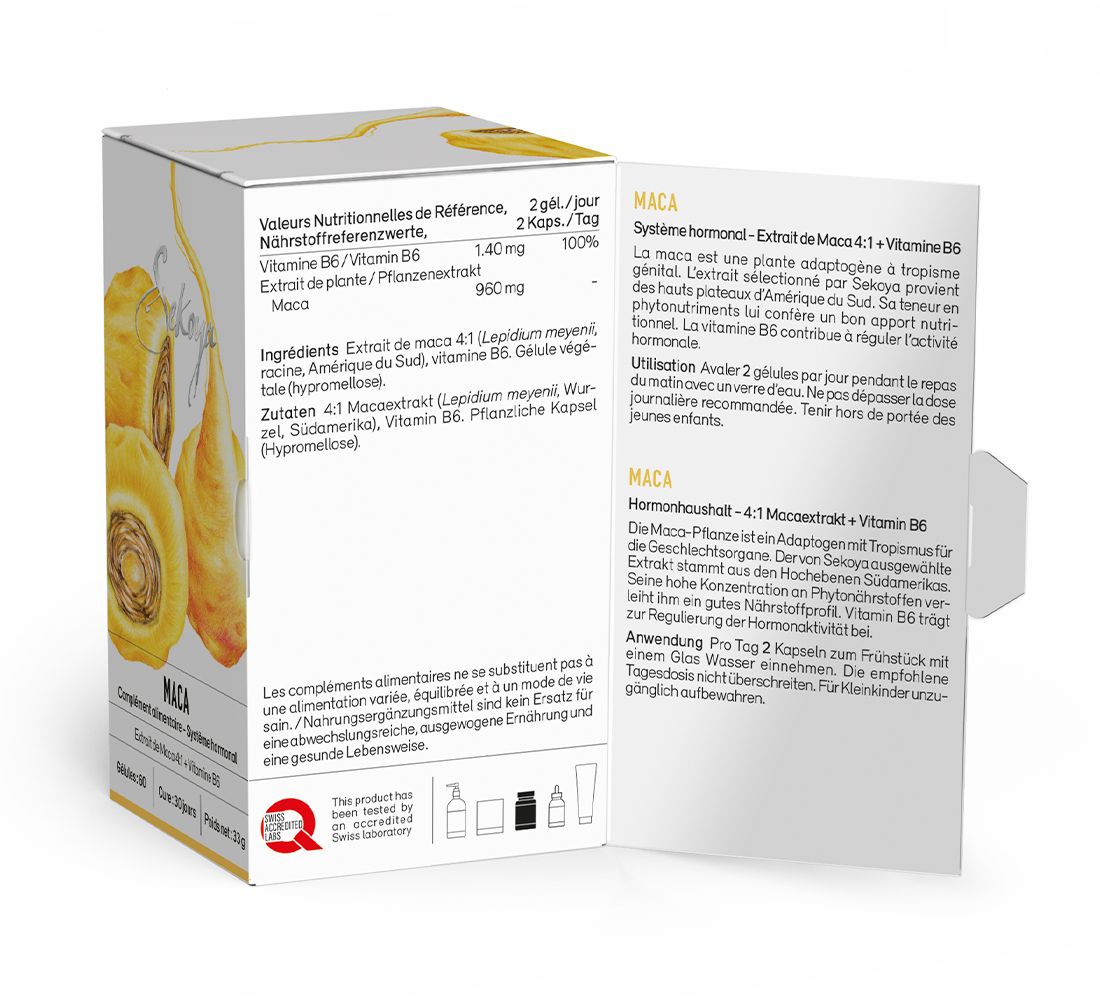 Geöffnete Schachtel mit Text in Deutsch und Französisch. Enthält Informationen zu Sekoya Swiss Maca, Inhaltsstoffen und Anwendung.