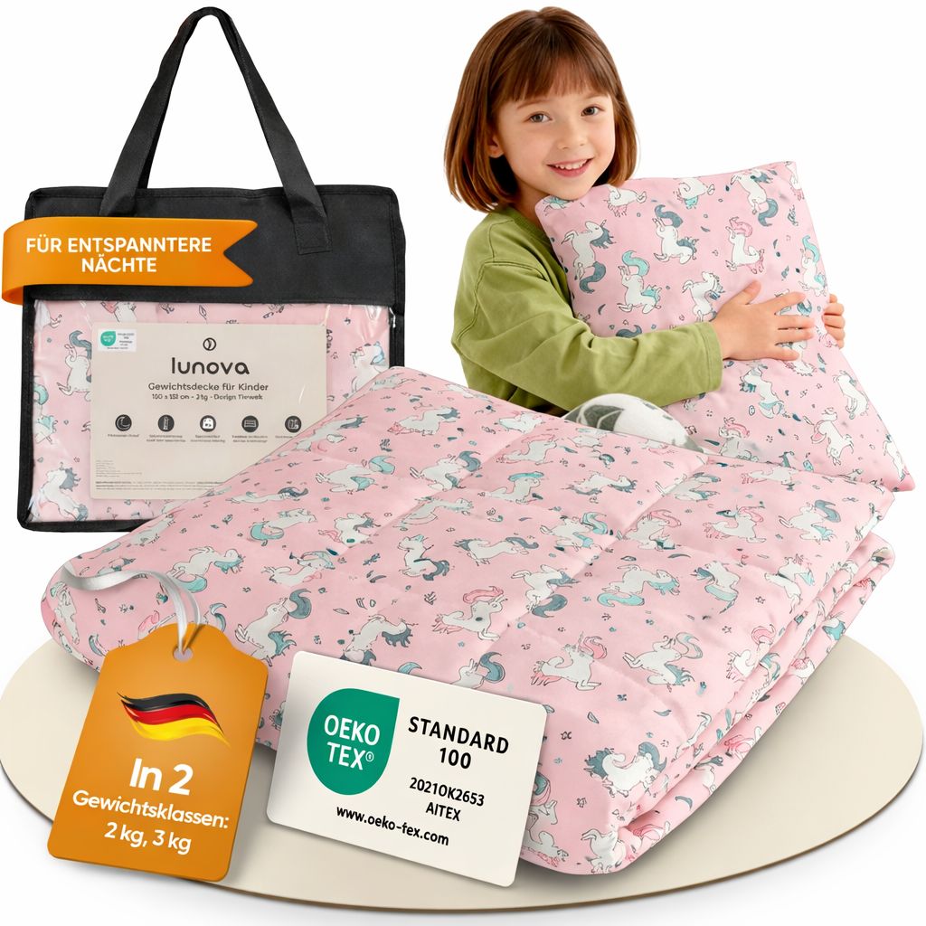 Rosa Gewichtsdecke mit Einhorn-Motiv, Tragetasche, OEKO-TEX Zertifikat.