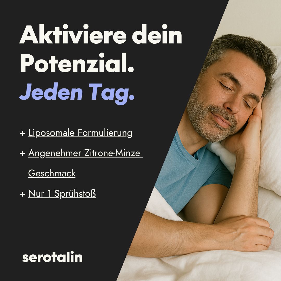 Mann schläft. Text: Aktiviere dein Potenzial. Liposomale Formulierung, Zitrone-Minze Geschmack, Nur 1 Sprühstoß. serotalin.