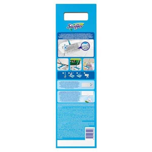Swiffer Verpackung mit Anwendungsbildern und Text.