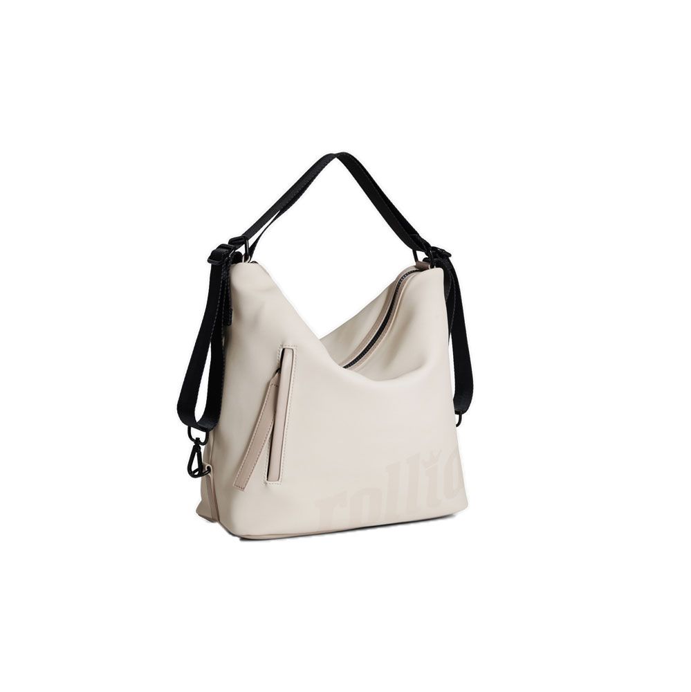 Beige Tasche mit schwarzem Schulterriemen. Reißverschluss und kleine Außentasche. Aufschrift "rollial".