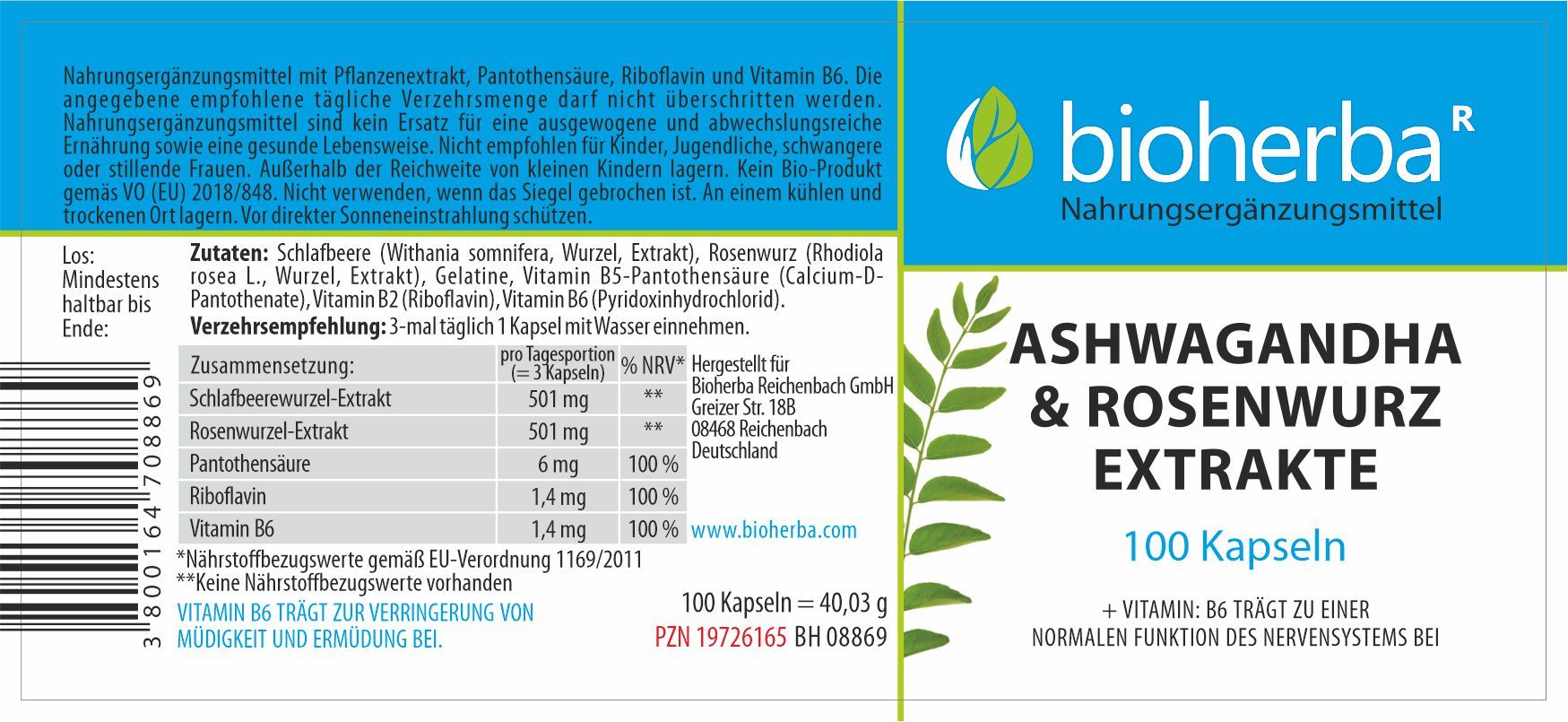 Bioherba Ashwagandha & Rosenwurz Extrakte Kapseln