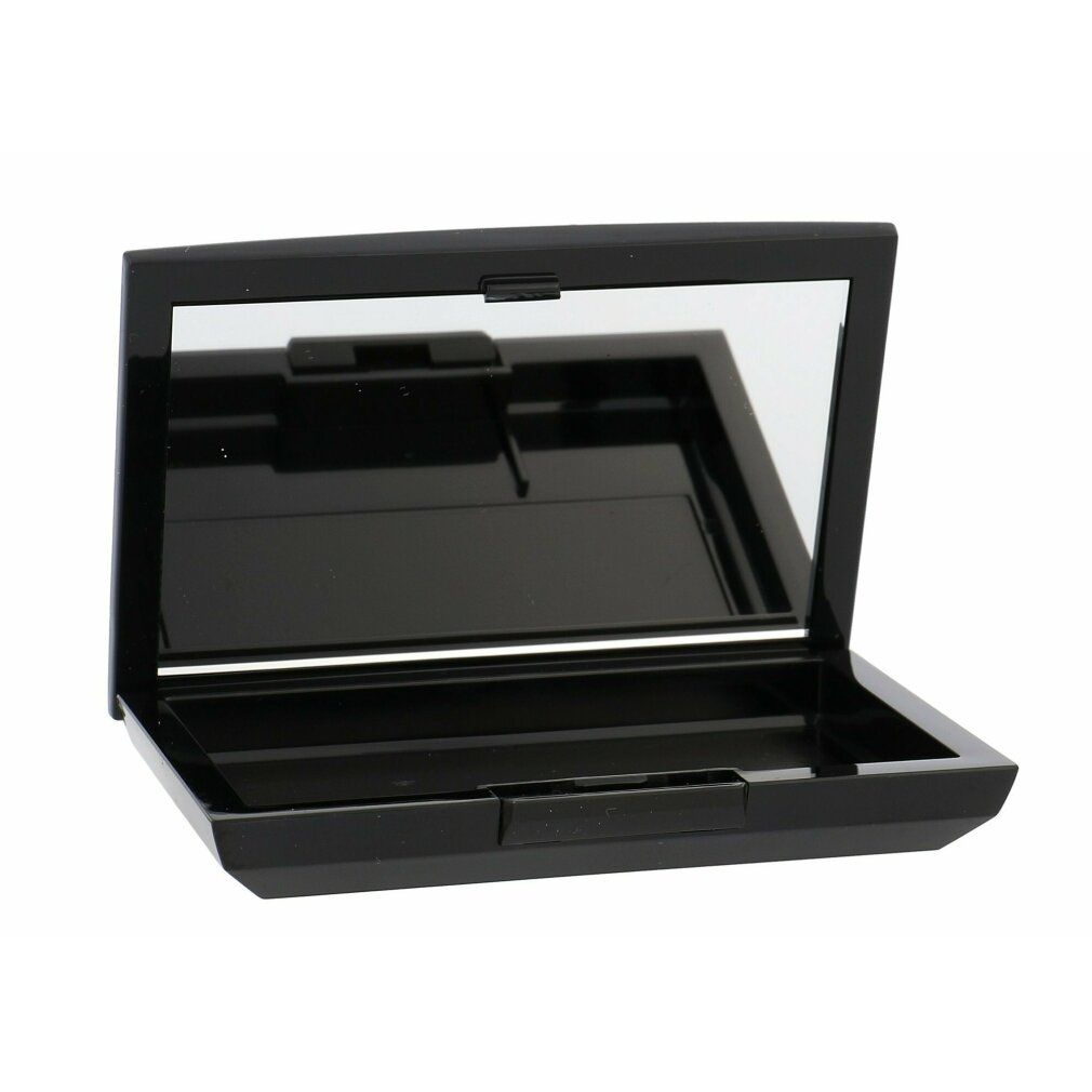 Geöffnete schwarze Beauty Box. Innen Spiegel und leerer Bereich. Rechteckige Form mit abgerundeten Ecken. Schwarzer Verschluss.