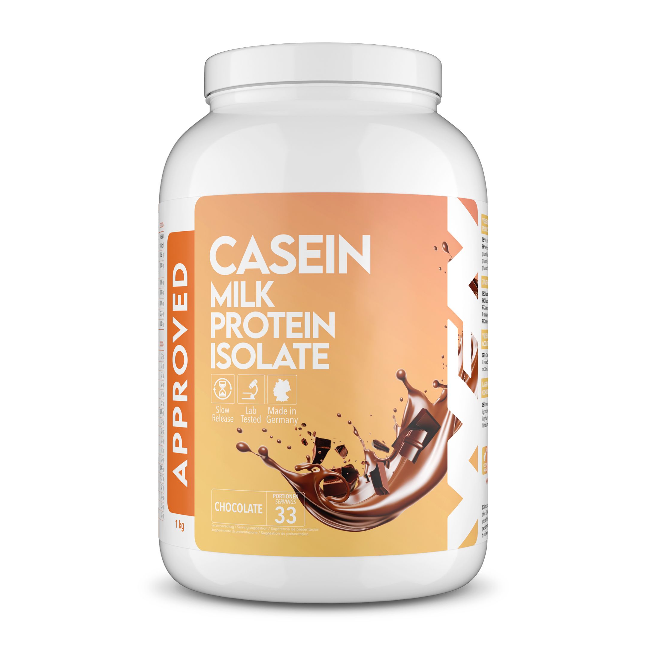 Weiße Dose mit Casein-Aufdruck. Schokoladen-Spritzer. Text: Casein Milk Protein Isolate, Chocolate, 33 Portionen.