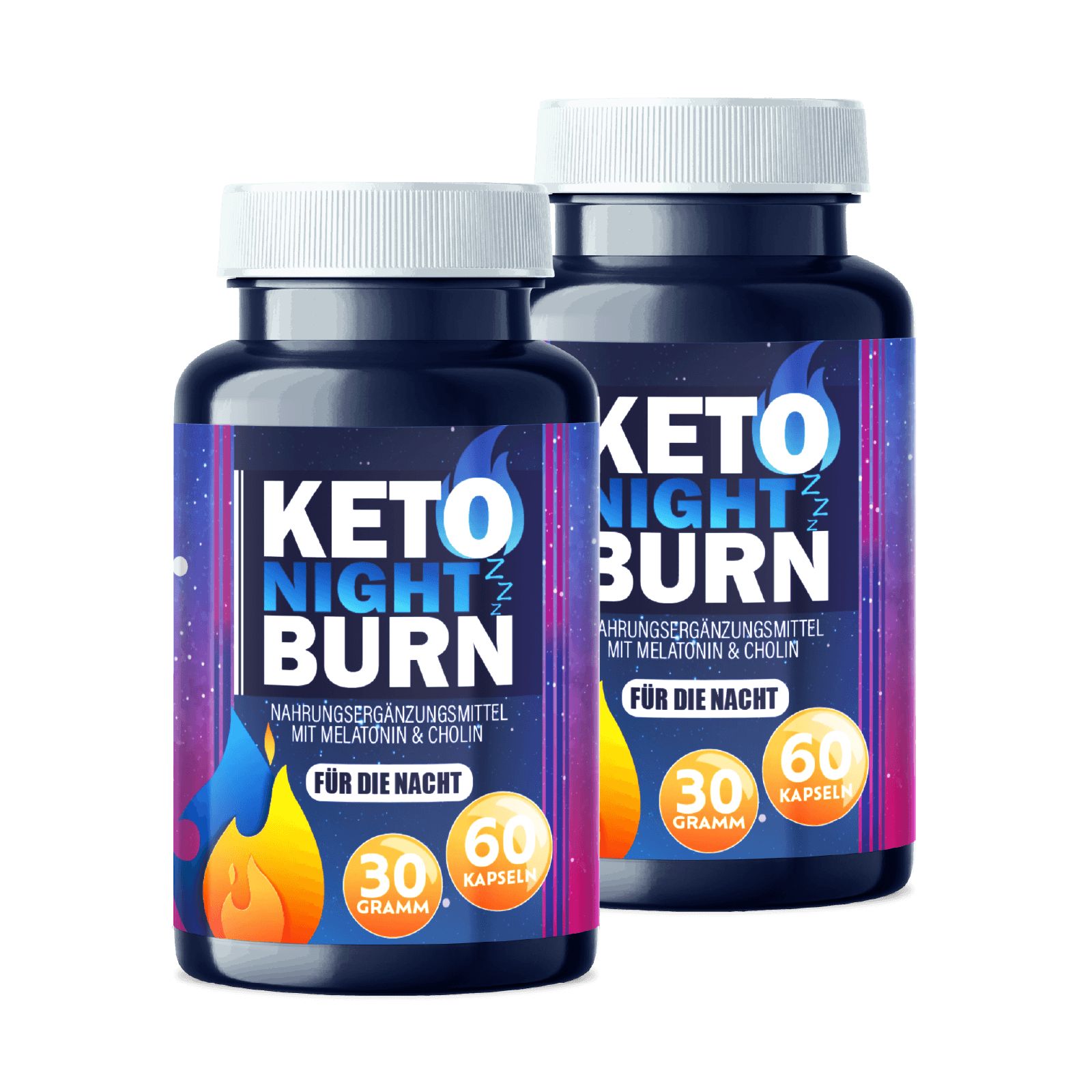 Zwei Flaschen Keto Night Burn. Blaue Flaschen mit weißem Deckel. Aufschrift: Keto Night Burn, 30 und 60 Kapseln.
