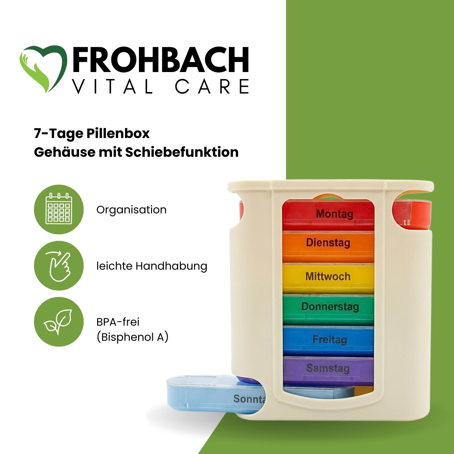 Tablettenbox, weiß, mit 7 farbigen Fächern für Wochentage. Marke Frohbach Vital Care. BPA-frei.