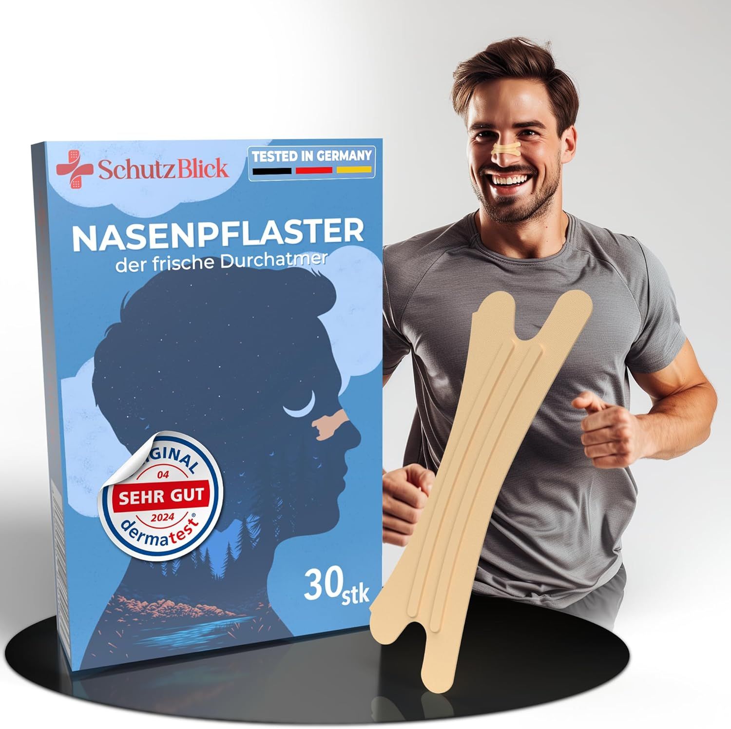 Produktverpackung und Mann mit Nasenpflaster. Verpackung: blau, mit Produktname, Logo, 30 Stück. Text: Getestet in Deutschland, Original, sehr gut.