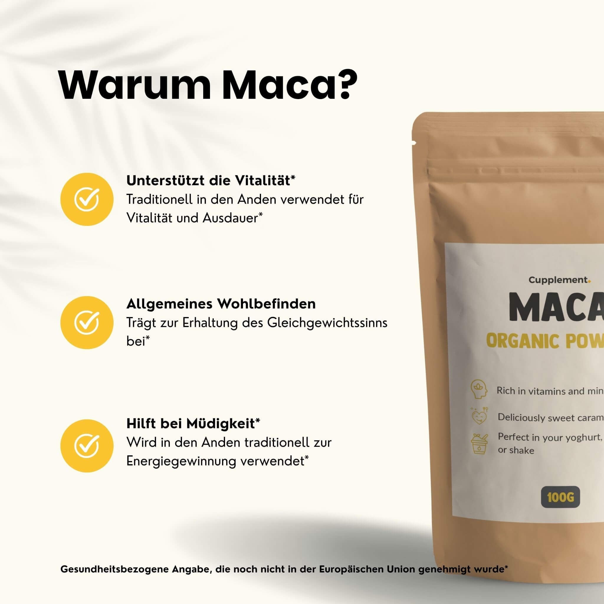 Beutel mit Maca-Pulver. Text: Warum Maca? Unterstützt Vitalität, Wohlbefinden, hilft bei Müdigkeit.