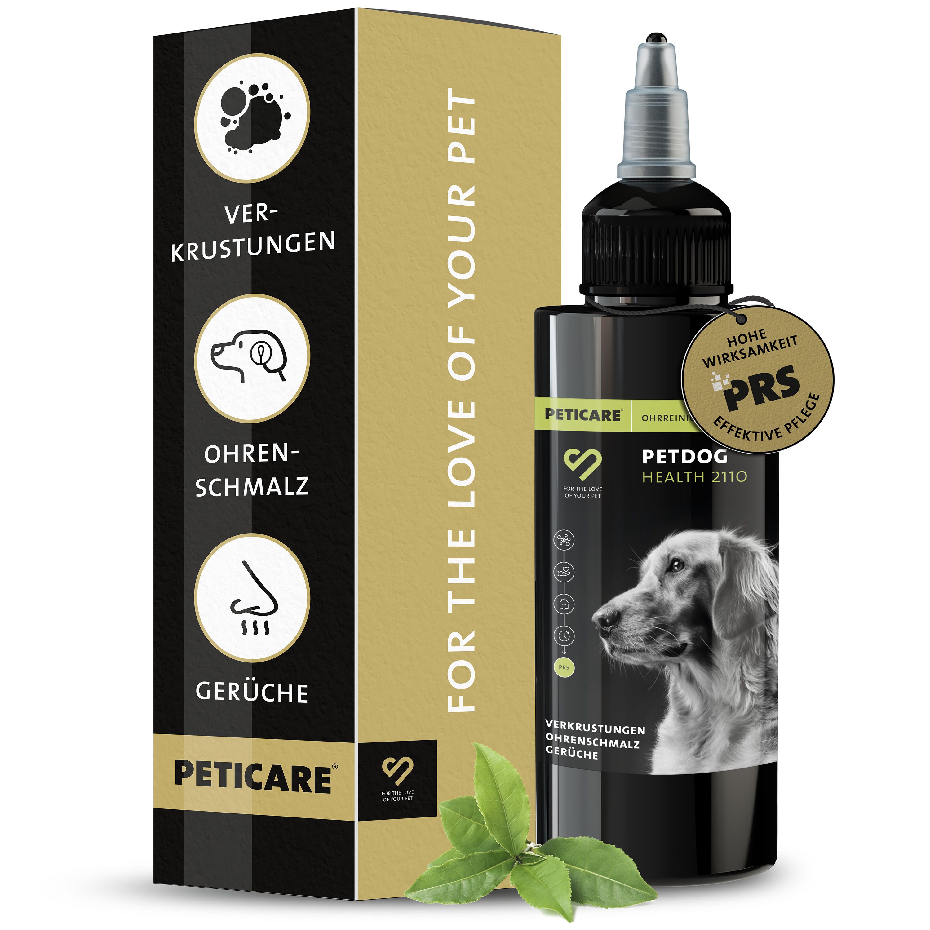 Peticare Ohren-Reiniger für Hunde. Flasche und Verpackung. Löst Schmutz und Verkrustungen. Bei Gerüchen.