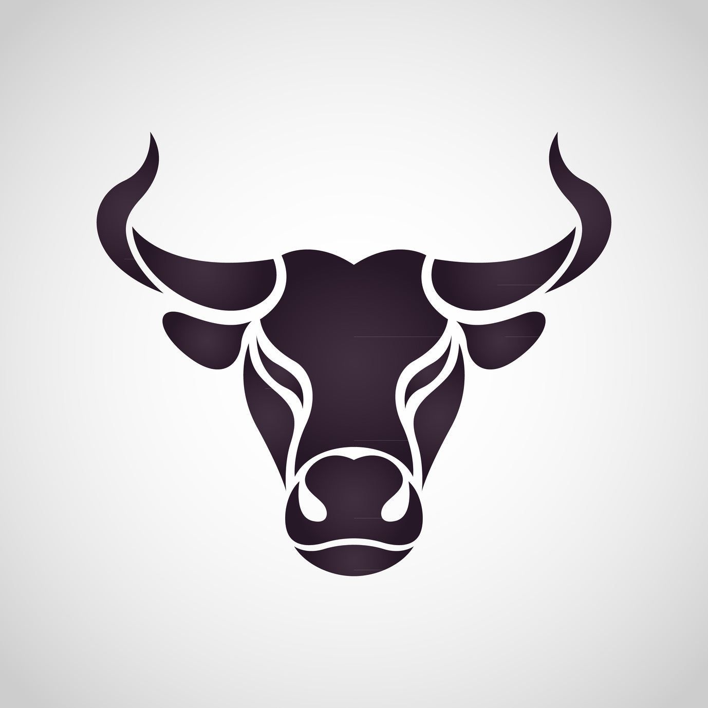 Stilisierter Stierkopf, dunkelviolett auf weißem Hintergrund. Hörner, Augen, Nase und Mund sind deutlich erkennbar.