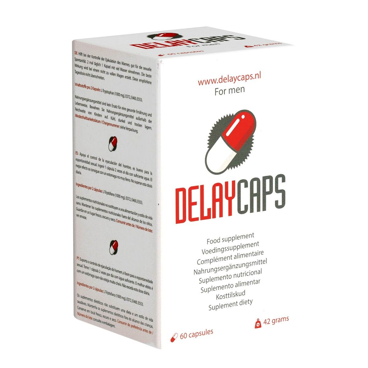 Weiße Box mit roter und weißer Kapsel-Grafik. Aufschrift: DELAYCAPS, www.delaycaps.nl, For men. Enthält 60 Kapseln, 42 Gramm.