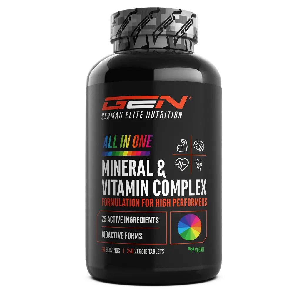 GEN ALL IN ONE Mineral & Vitamin Complex. Schwarze Dose, 240 Tabletten, 25 Inhaltsstoffe, 25 Portionen, vegan.