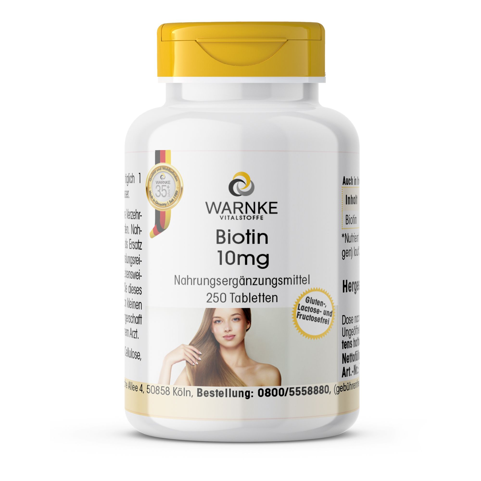 Weiße Flasche mit gelbem Deckel. Aufschrift: WARNKE Vitalstoffe, Biotin 10mg, 250 Tabletten. Frau mit langen Haaren abgebildet. Deutsches Qualitätssiegel.