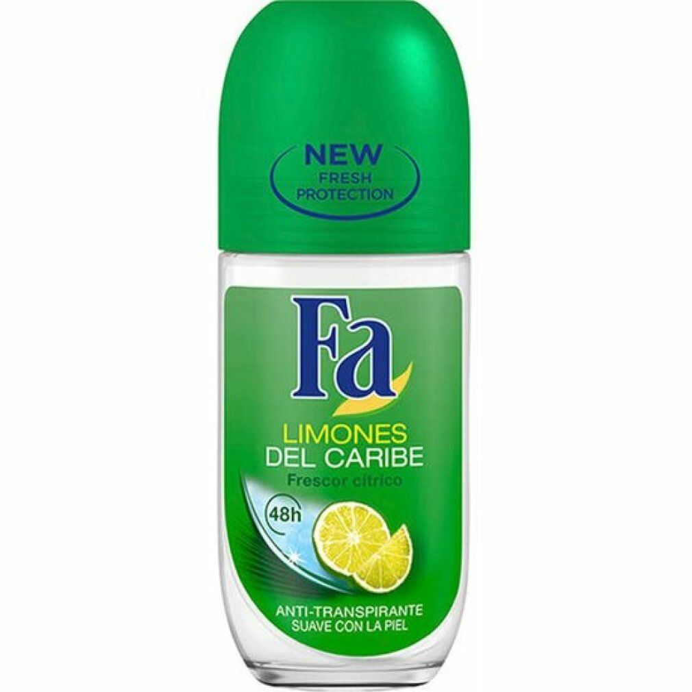 Deodorant-Roll-on mit grünem Deckel. Aufschrift "Fa" und "LIMONES DEL CARIBE". Abbildung einer Zitrone. "48h" und "ANTI-TRANSPIRANTE".