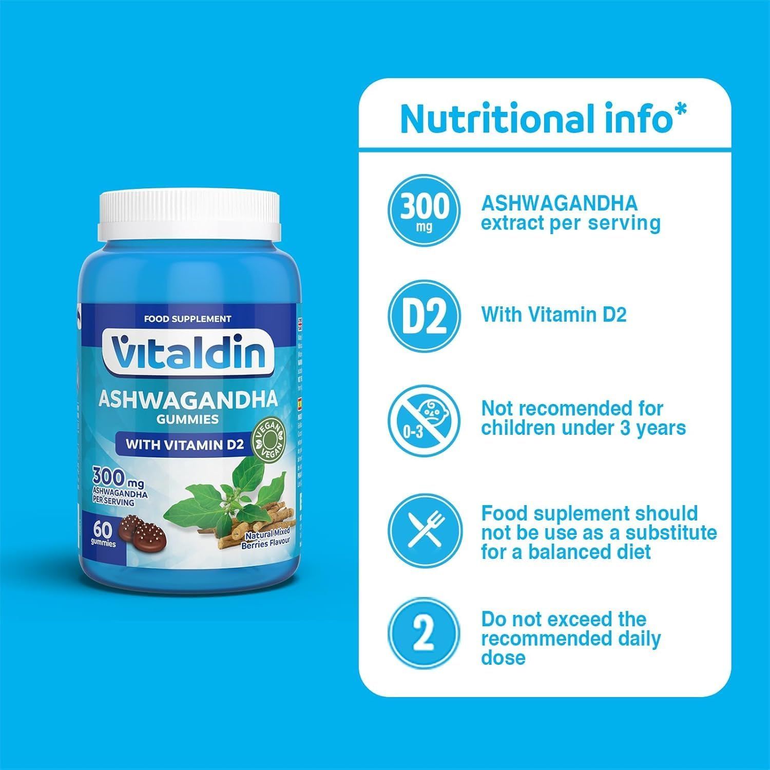 VITALDIN Ashwagandha Gummies Flasche. Text: 300mg Ashwagandha Extrakt pro Portion, mit Vitamin D2. Nicht für Kinder unter 3 Jahren.