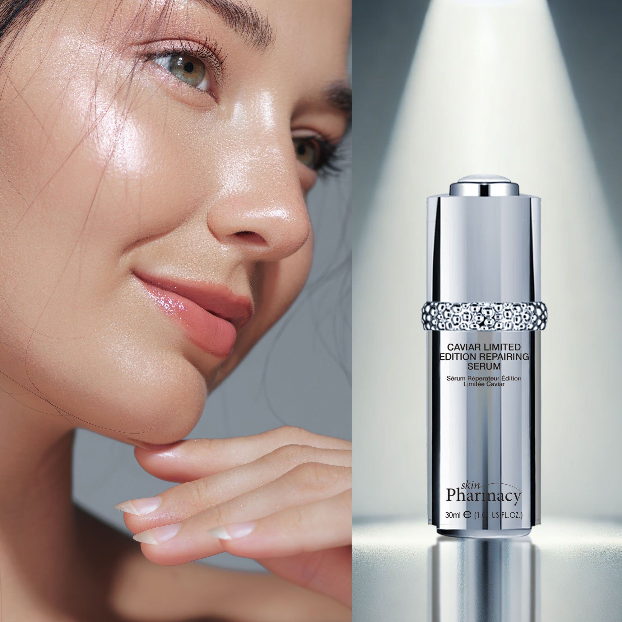 Frau neben Produktflasche. Flasche 'Caviar Limited Edition Repairing Serum'.