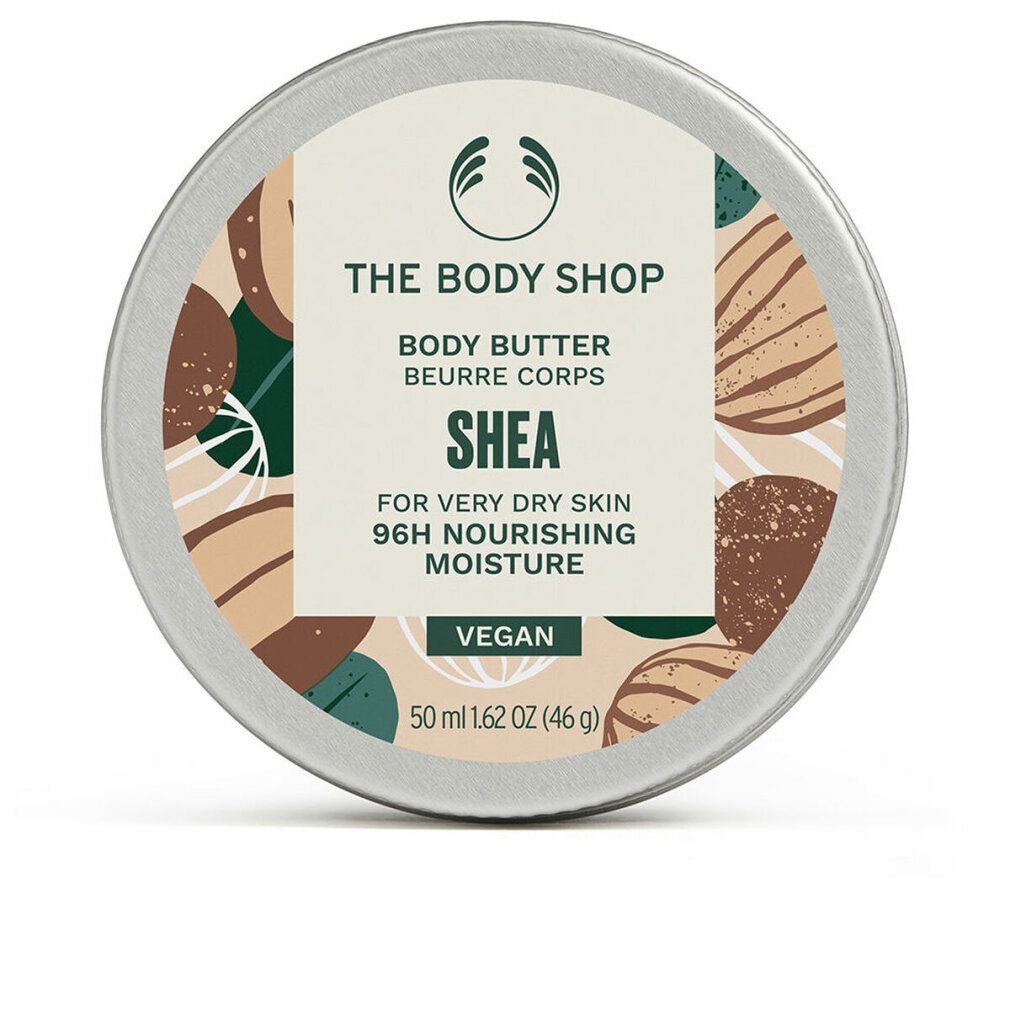 Runde Dose mit Deckel. Aufschrift: Body Butter Shea, für sehr trockene Haut, 96h Feuchtigkeit. Vegan. 50 ml.