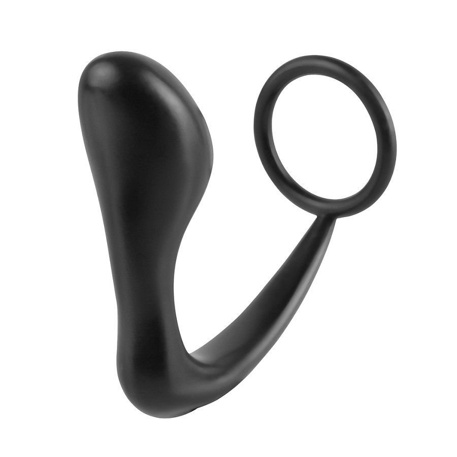 Schwarzer Penisring mit integriertem Analstimulator. Besteht aus einem Ring und einem gebogenen Teil.
