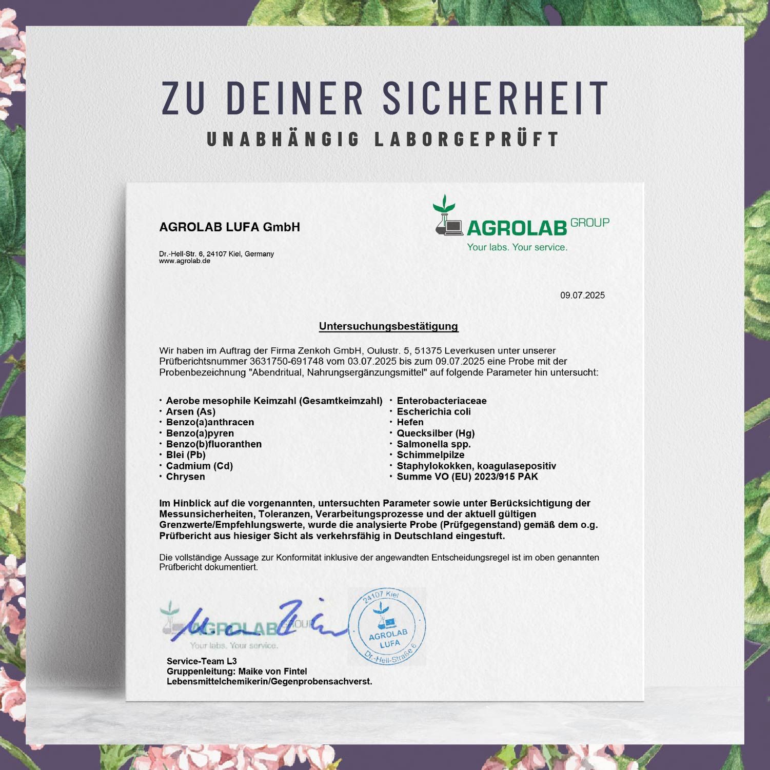 Zertifikat der AGROLAB LUFA GmbH. Untersucht: Abendritual, Nahrungsergänzungsmittel. Ergebnisse der Untersuchung auf verschiedene Parameter.