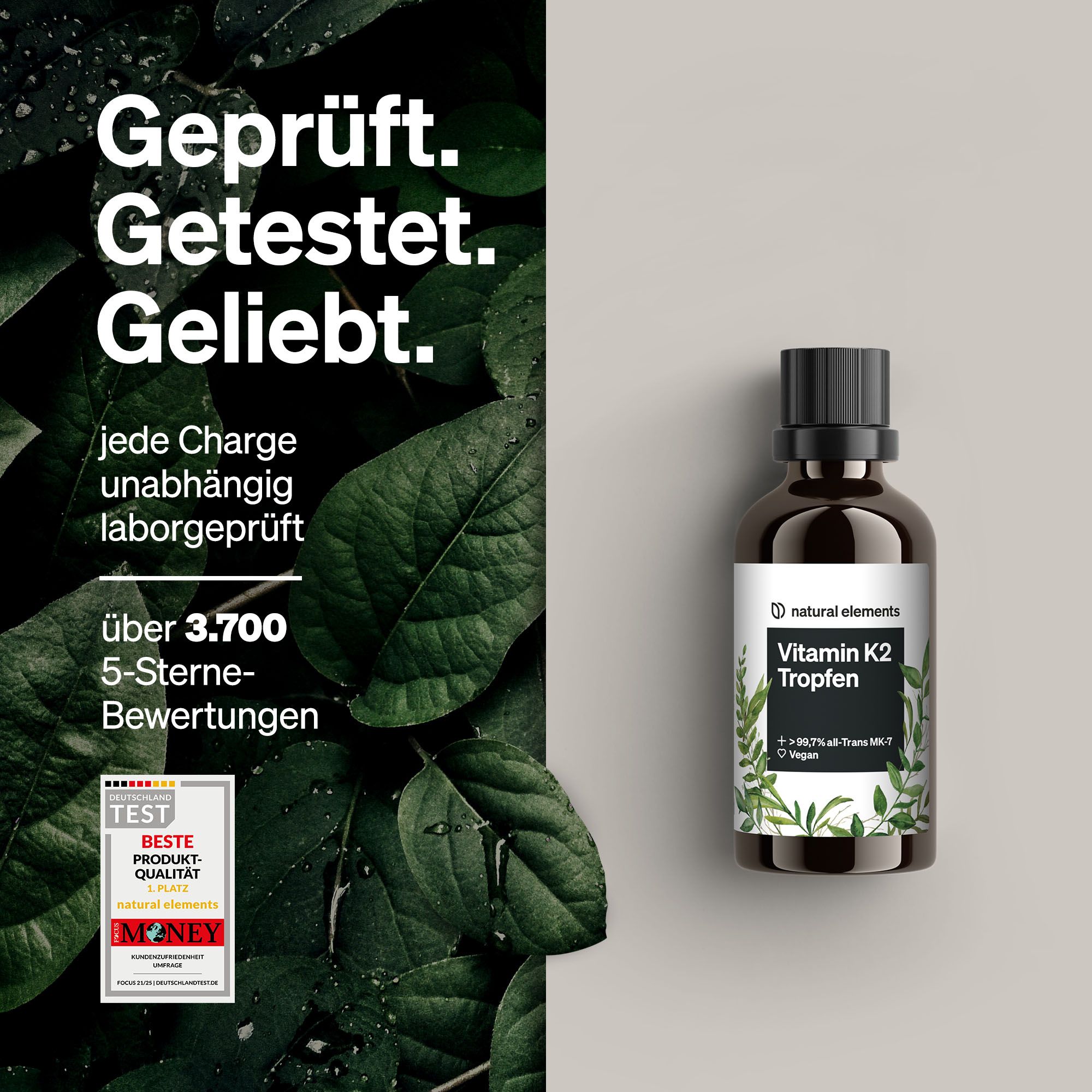Produktflasche mit schwarzem Deckel. Text: Geprüft. Getestet. Geliebt. 5-Sterne-Bewertungen. Vegan-Siegel.