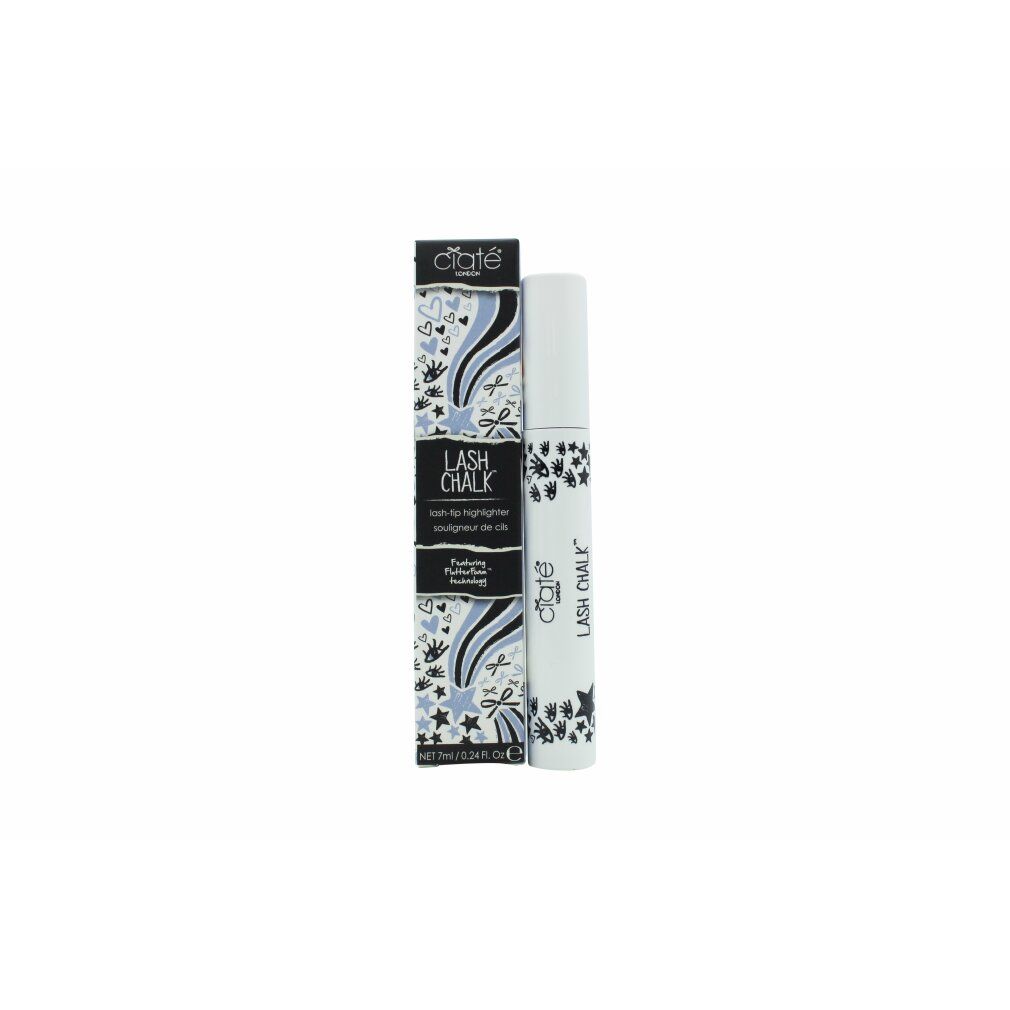 Mascara-Stift und Verpackung. Weißer Stift mit schwarzem Aufdruck. Verpackung mit Sternenmuster und Schriftzug LASH CHALK.