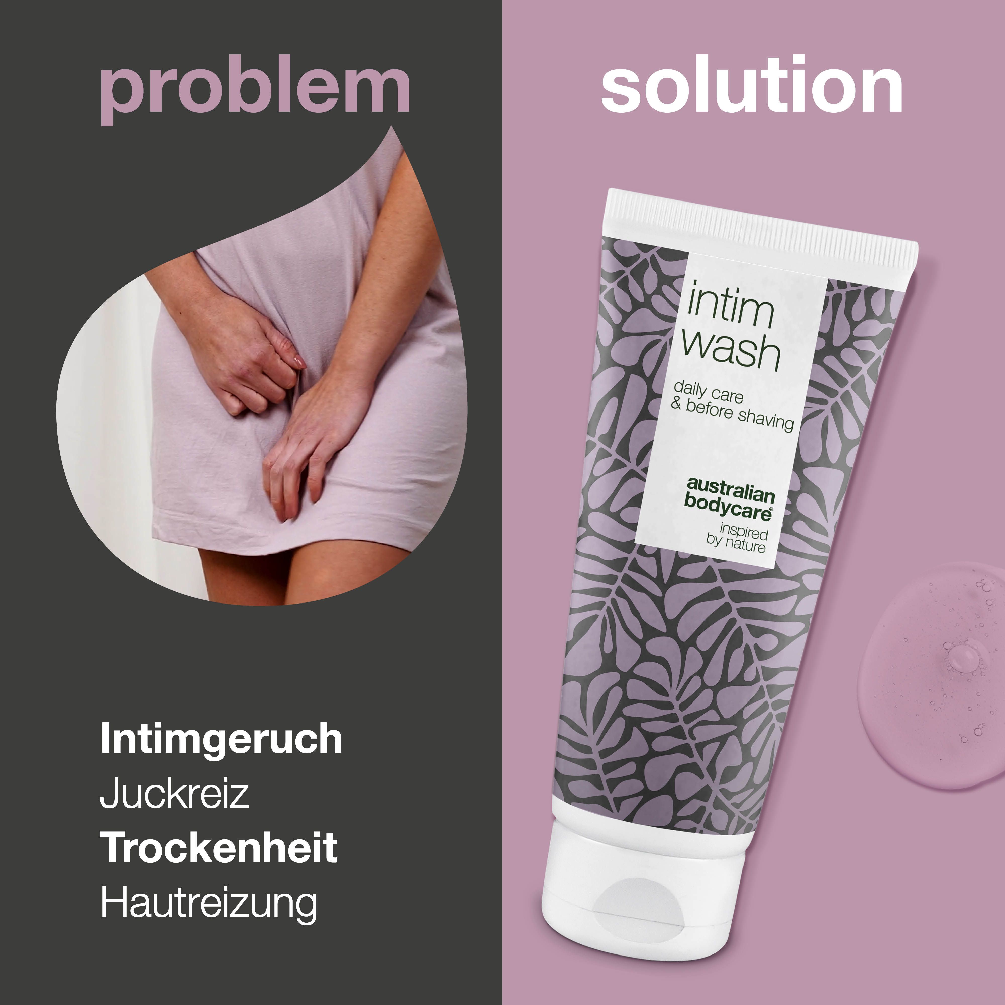 Grafik: Problem und Lösung. Intimwaschmittel-Tube. Text: Intimgeruch, Juckreiz, Trockenheit, Hautreizung.