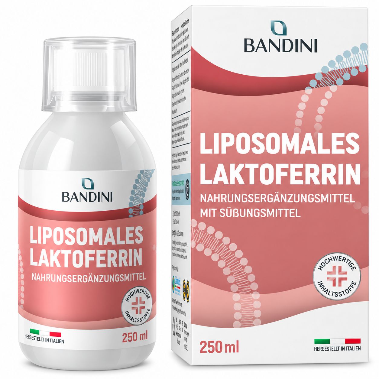 Bandini Liposomales Lactoferrin Nahrungsergänzungsmittel, 250ml Flasche und Karton.