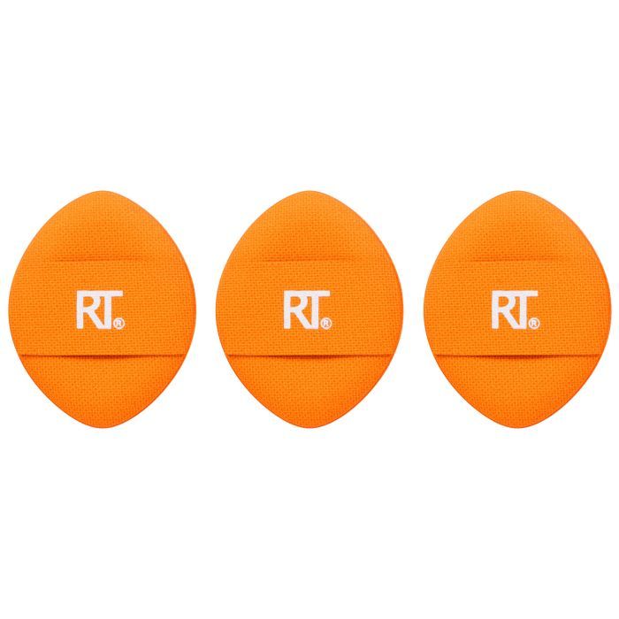 Drei orangefarbene Make-up-Schwämme mit dem weißen Logo "RT". Jeder Schwamm hat eine ovale Form mit einem Band.