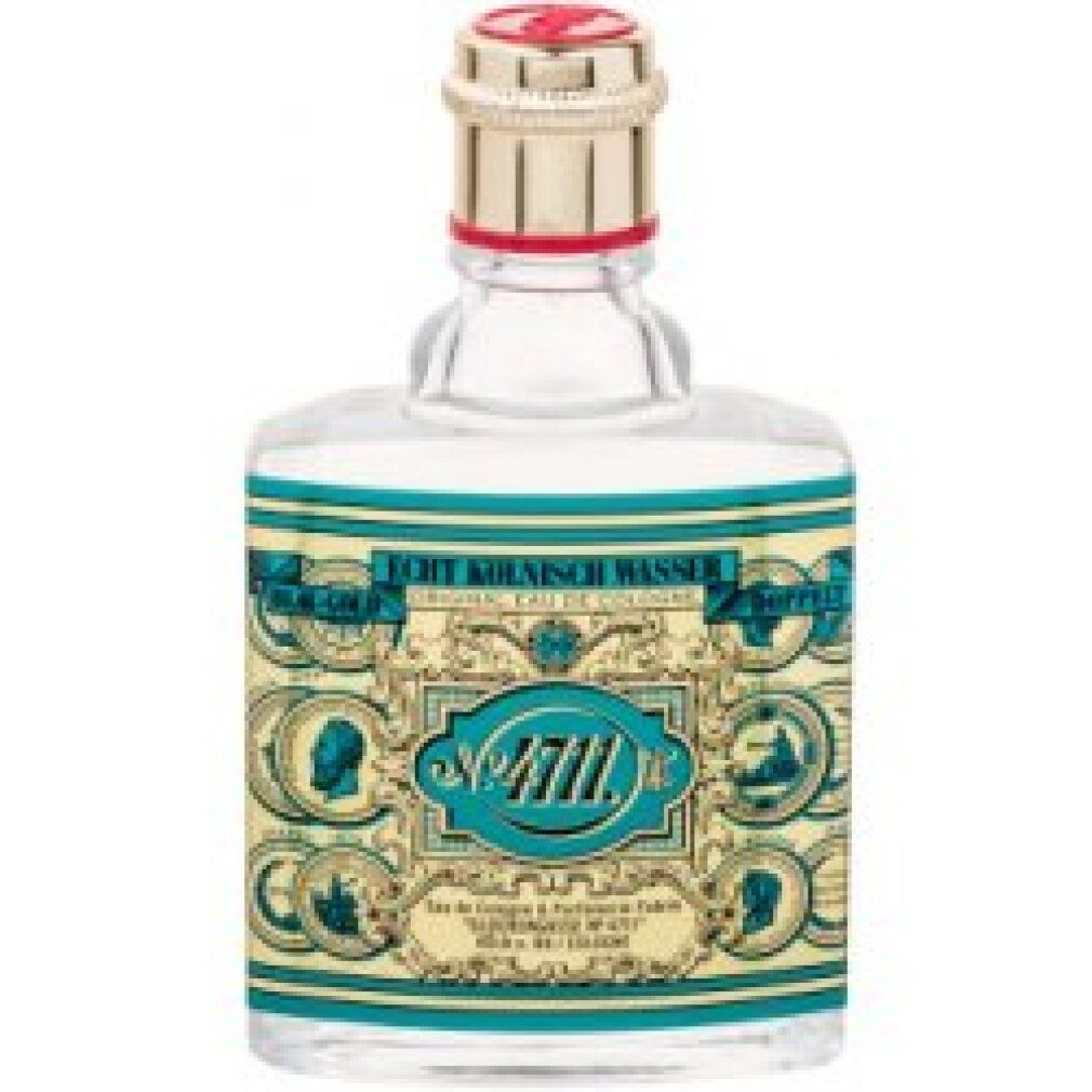 Glasflasche mit rechteckigem Etikett. Aufschrift "4711 Echt Kölnisch Wasser". Beige Kappe mit rotem Ring.